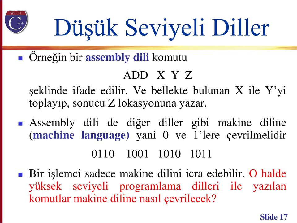 Assembly dili de diğer diller gibi makine diline (machine language) yani 0 ve 1 lere çevrilmelidir 0110