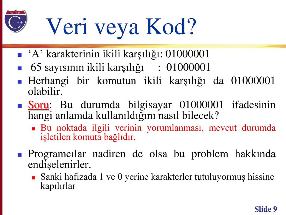 da 01000001 olabilir. Soru: Bu durumda bilgisayar 01000001 ifadesinin hangi anlamda kullanıldığını nasıl bilecek?