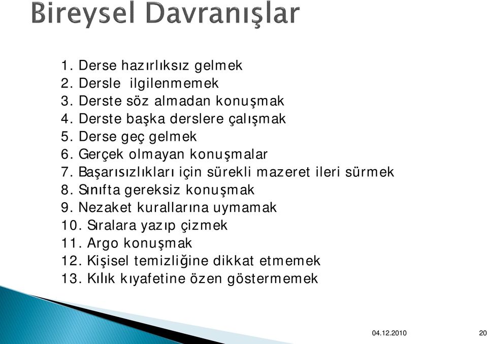 Başarısızlıkları için sürekli mazeret ileri sürmek 8. Sınıfta gereksiz konuşmak 9.