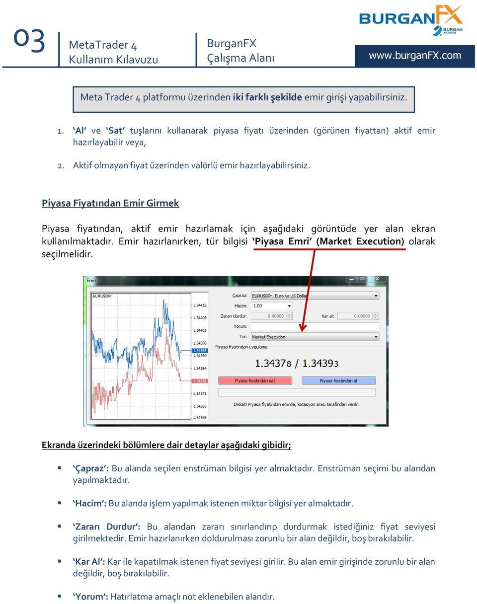 Emir hazırlanırken, tür bilgisi Piyasa Emri (Market Execution) olarak seçilmelidir.