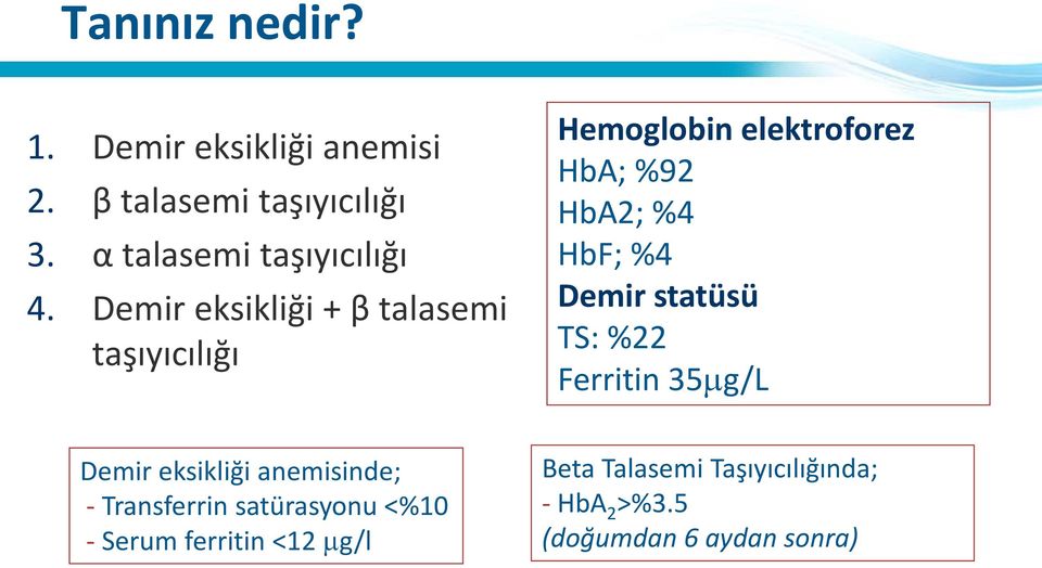 Demir eksikliği + β talasemi taşıyıcılığı Hemoglobin elektroforez HbA; %92 HbA2; %4 HbF; %4