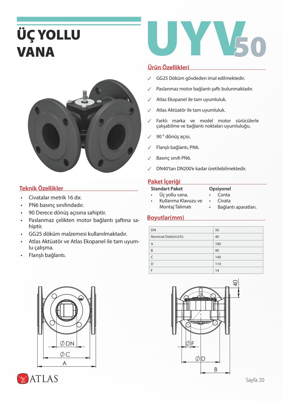 Civatalar metrik 16 dır. PN6 basınç sınıfındadır. 90 Derece dönüş açısına sahiptir. Paslanmaz çelikten motor bağlantı şaftına sahiptir. GG25 döküm malzemesi kullanılmaktadır.