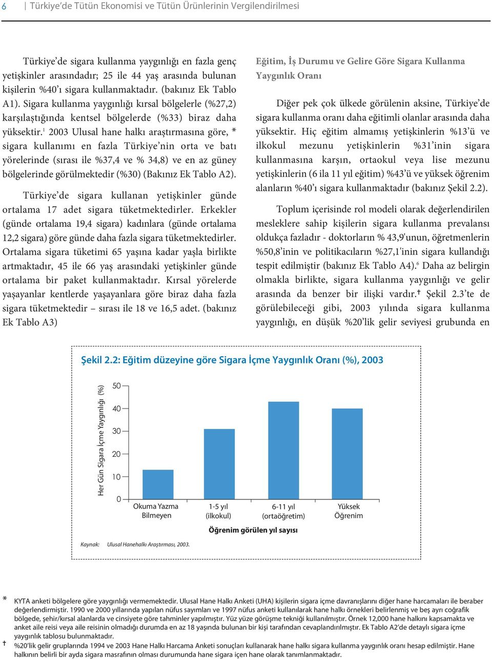 1 2003 Ulusal hane halkı araştırmasına göre, * sigara kullanımı en fazla Türkiye nin orta ve batı yörelerinde (sırası ile %37,4 ve % 34,8) ve en az güney bölgelerinde görülmektedir (%30) (Bakınız Ek