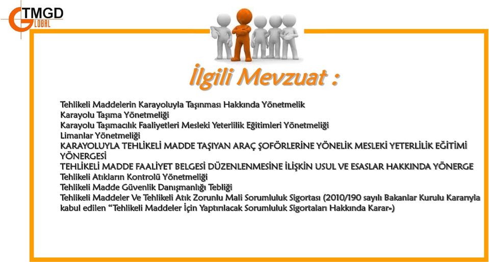 BELGESİ DÜZENLENMESİNE İLİŞKİN USUL VE ESASLAR HAKKINDA YÖNERGE Tehlikeli Atıkların Kontrolü Yönetmeliği Tehlikeli Madde Güvenlik Danışmanlığı Tebliği Tehlikeli Maddeler