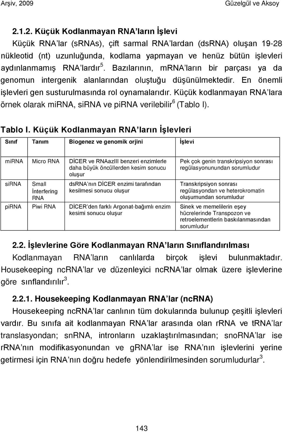 Küçük kodlanmayan RNA lara örnek olarak mirna, sirna ve pirna verilebilir 6 (Tablo I). Tablo I.