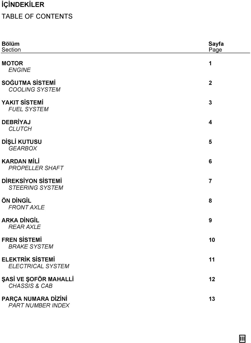 SİSTEMİ 7 STEERING SYSTEM ÖN DİNGİL 8 FRONT AXLE ARKA DİNGİL 9 REAR AXLE FREN SİSTEMİ 10 BRAKE SYSTEM