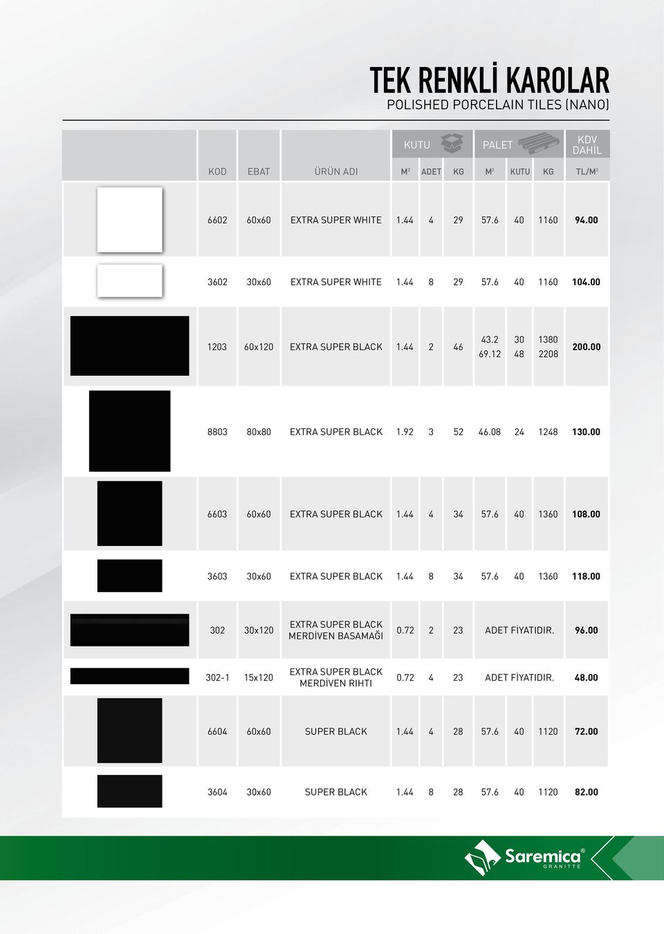 00 6603 60x60 EXTRA SUPER BLACK 1.44 4 34 57.6 40 1360 108.00 3603 30x60 EXTRA SUPER BLACK 1.44 8 34 57.6 40 1360 118.00 302 30x120 EXTRA SUPER BLACK MERDİVEN BASAMAĞI 0.