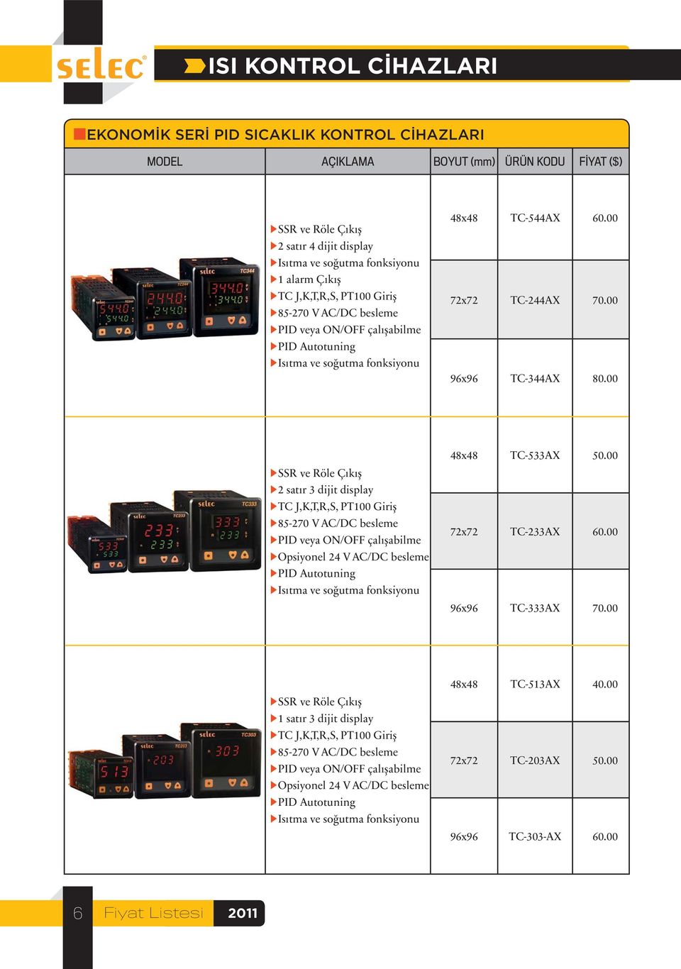 00 SSR ve Röle Çıkış 2 satır 3 dijit display TC J,K,T,R,S, PT100 Giriş 85-270 V AC/DC besleme PID veya ON/OFF çalışabilme Opsiyonel 24 V AC/DC besleme PID Autotuning Isıtma ve soğutma fonksiyonu