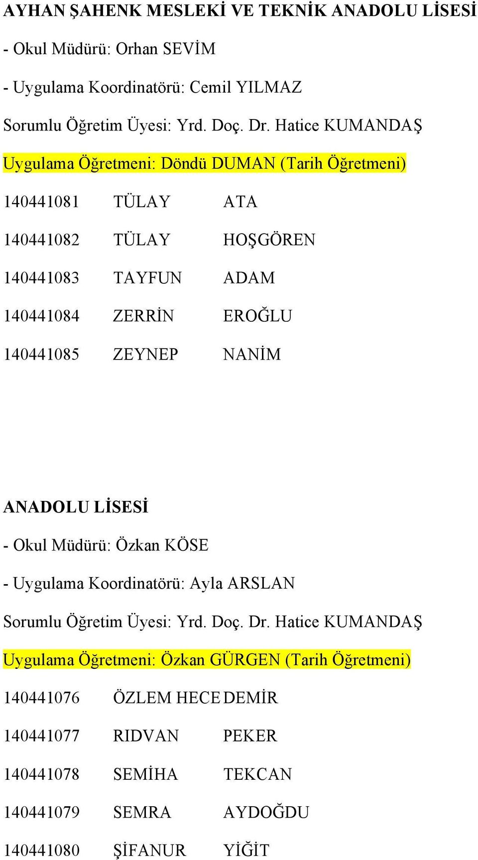 140441085 ZEYNEP NANİM ANADOLU LİSESİ - Okul Müdürü: Özkan KÖSE - Uygulama Koordinatörü: Ayla ARSLAN Sorumlu Öğretim Üyesi: Yrd. Doç. Dr.