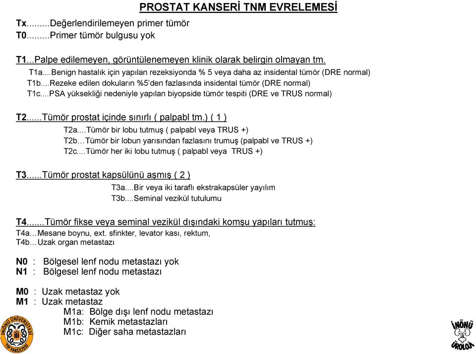 ..PSA yüksekliği nedeniyle yapılan biyopside tümör tespiti (DRE ve TRUS normal) T2...Tümör prostat içinde sınırlı ( palpabl tm.) ( 1 ) T2a.