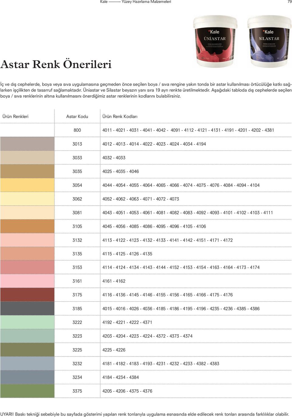 Aşağıdaki tabloda dış cephelerde seçilen boya / sıva renklerinin altına kullanılmasını önerdiğimiz astar renklerinin kodlarını bulabilirsiniz.