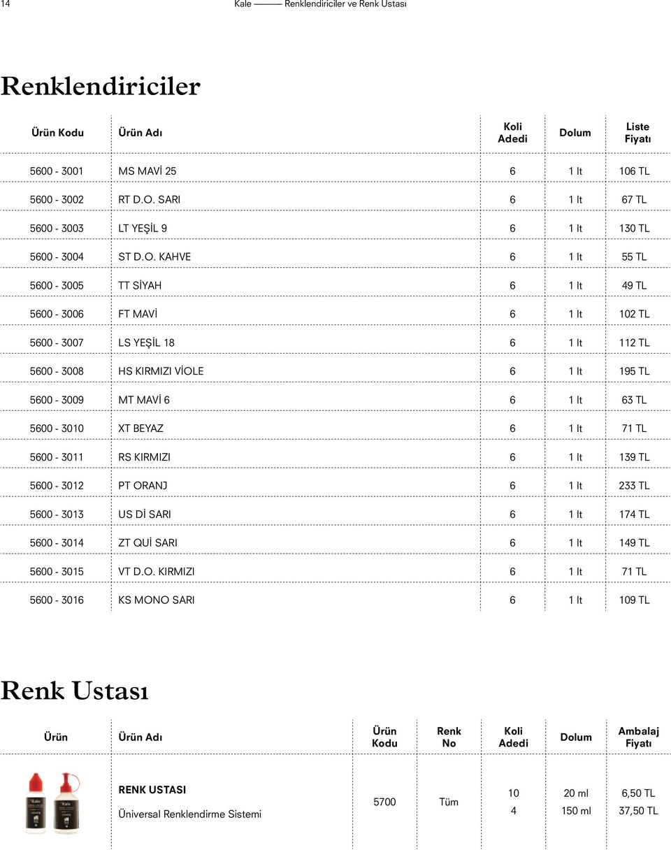 KAHVE 6 lt 55 TL 5600-3005 TT SİYAH 6 lt 49 TL 5600-3006 FT MAVİ 6 lt 0 TL 5600-3007 LS YEŞİL 8 6 lt TL 5600-3008 HS KIRMIZI VİOLE 6 lt 95 TL 5600-3009 MT MAVİ 6 6 lt