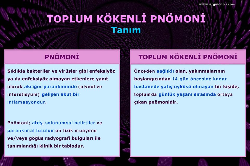 Önceden sağlıklı olan, yakınmalarının başlangıcından 14 gün öncesine kadar hastanede yatış öyküsü olmayan bir kişide, toplumda günlük