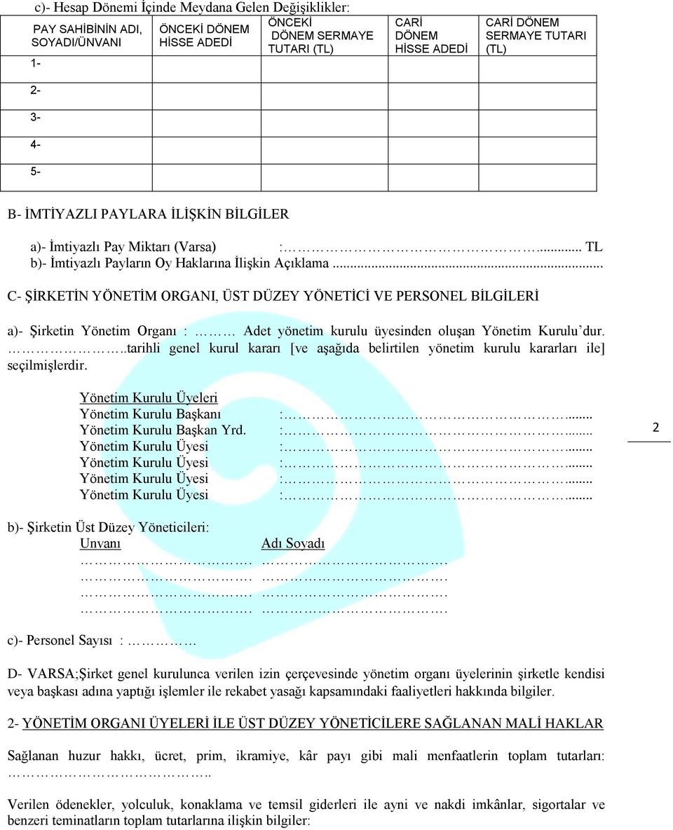 .. C- ŞİRKETİN YÖNETİM ORGANI, ÜST DÜZEY YÖNETİCİ VE PERSONEL BİLGİLERİ a)- Şirketin Yönetim Organı : Adet yönetim kurulu üyesinden oluşan Yönetim Kurulu dur.