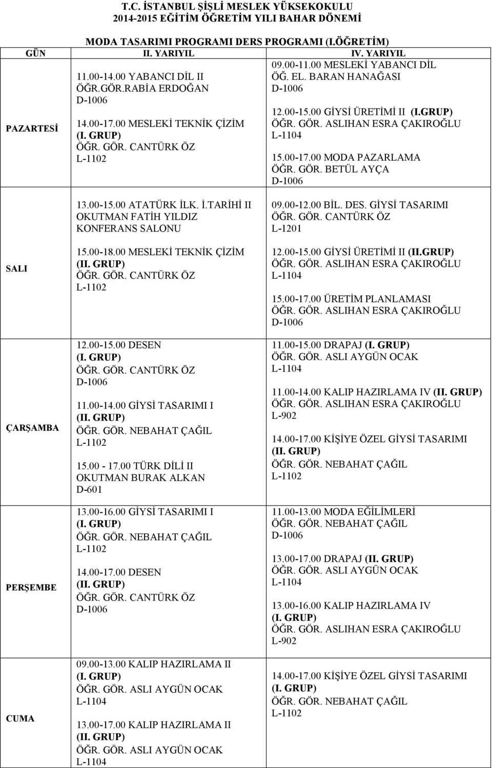 İ.TARİHİ II 15.00-18.00 MESLEKİ TEKNİK ÇİZİM (II. GRUP) ÖĞR. GÖR. CANTÜRK ÖZ L-1102 12.00-15.00 DESEN (I. GRUP) ÖĞR. GÖR. CANTÜRK ÖZ 11.00-14.00 GİYSİ TASARIMI I (II. GRUP) ÖĞR. GÖR. NEBAHAT ÇAĞIL L-1102 15.