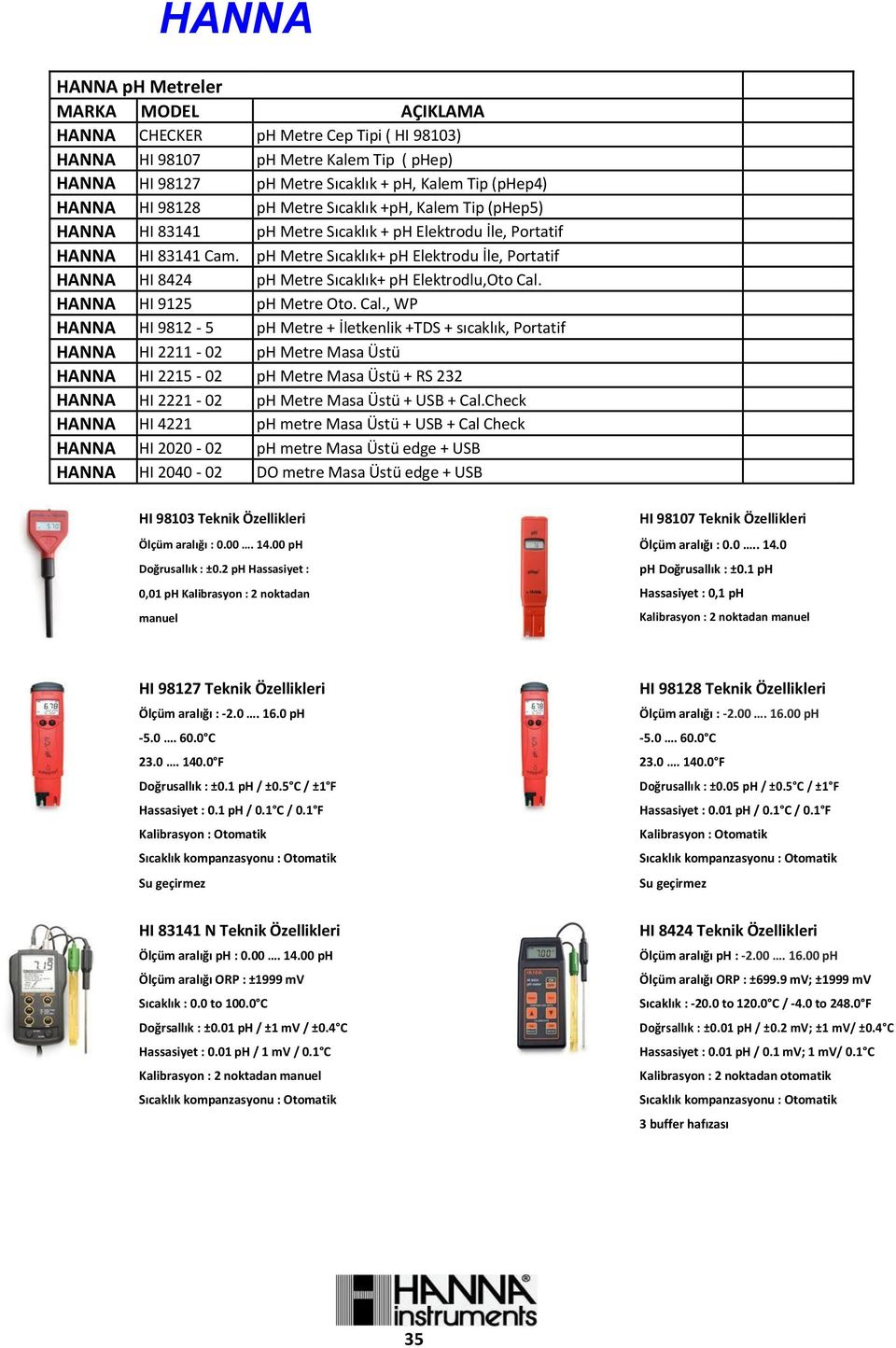 ph Metre Sıcaklık+ ph Elektrodu İle, Portatif HANNA HI 8424 ph Metre Sıcaklık+ ph Elektrodlu,Oto Cal.