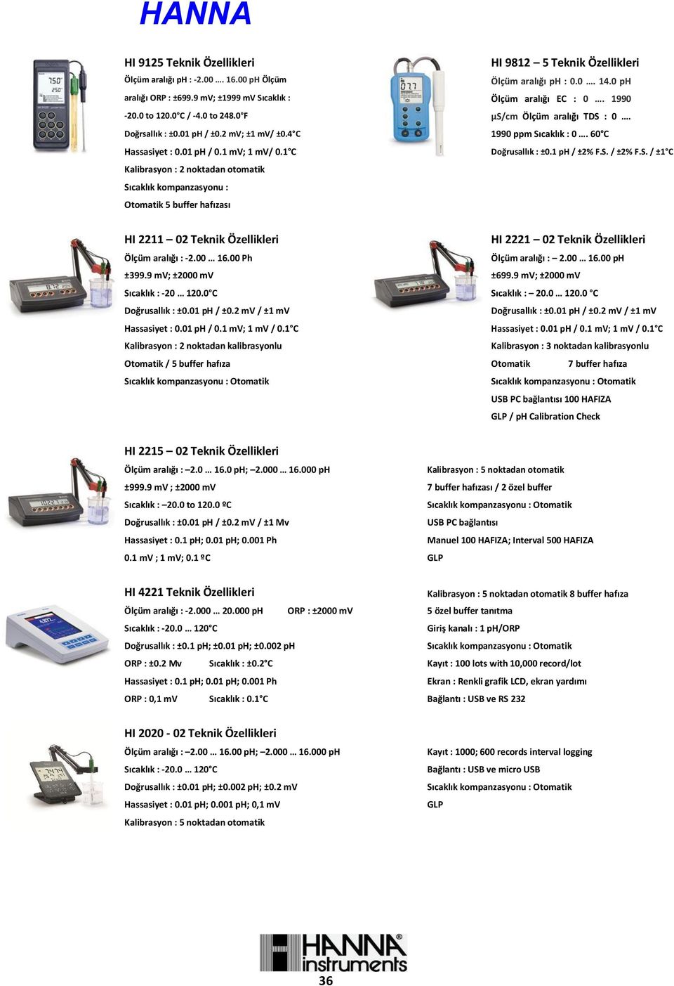 1990 µs/cm Ölçüm aralığı TDS : 0. 1990 ppm Sıcaklık : 0. 60 C Doğrusallık : ±0.1 ph / ±2% F.S. / ±2% F.S. / ±1 C HI 2211 02 Teknik Özellikleri HI 2221 02 Teknik Özellikleri Ölçüm aralığı : -2.00 16.