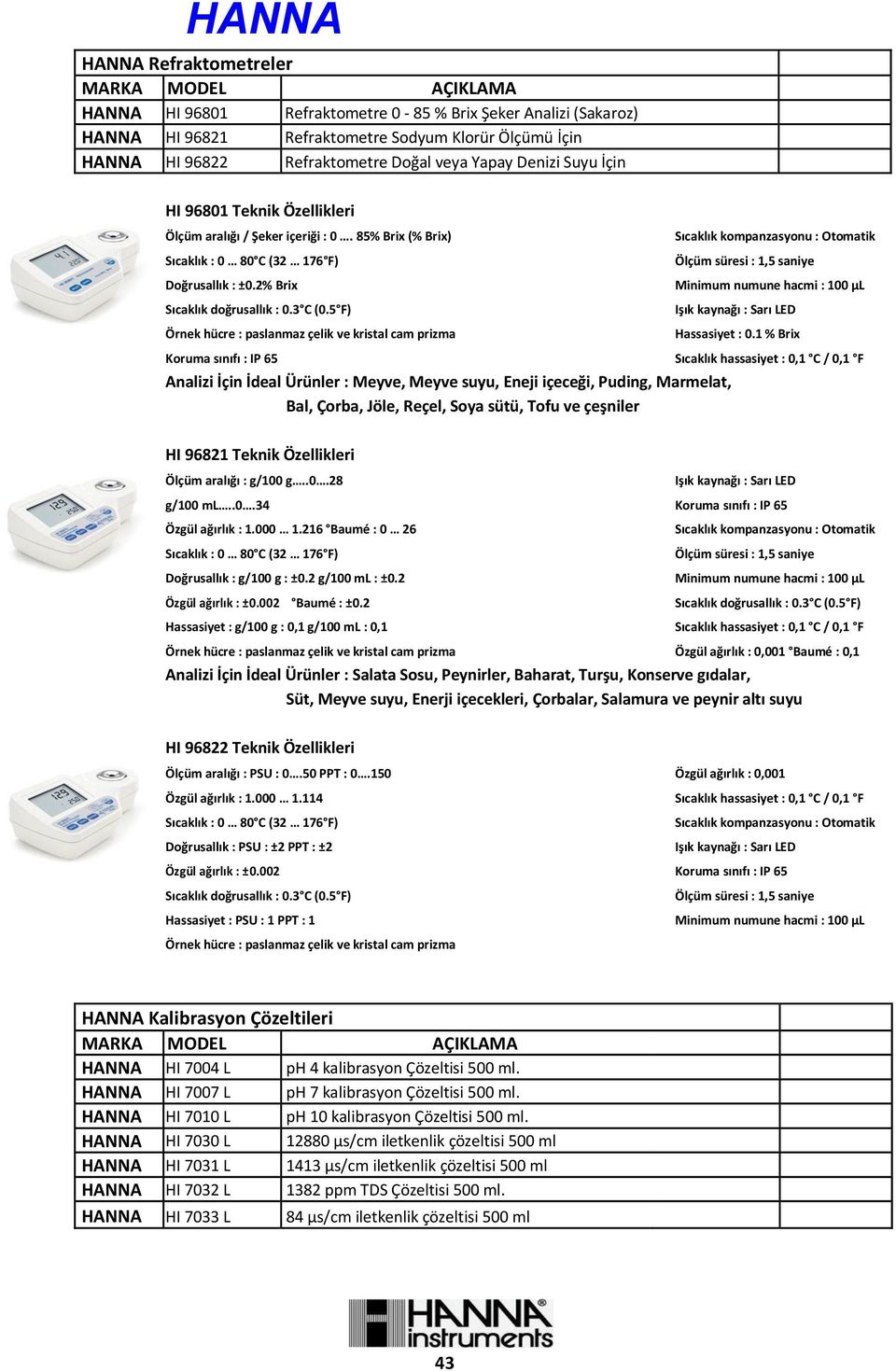 2% Brix Minimum numune hacmi : 100 µl Sıcaklık doğrusallık : 0.3 C (0.5 F) Örnek hücre : paslanmaz çelik ve kristal cam prizma Işık kaynağı : Sarı LED Hassasiyet : 0.