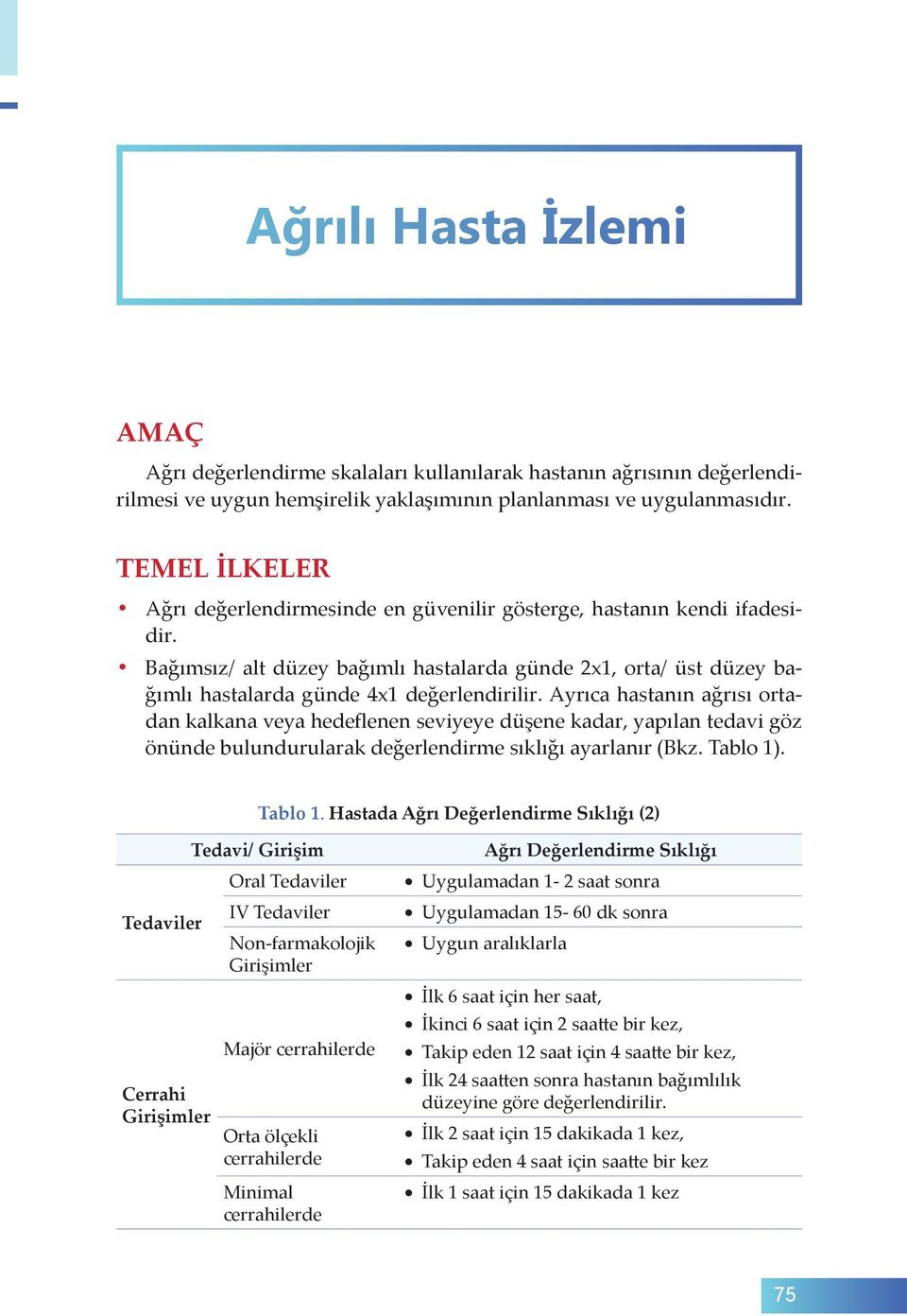 Ayrıca hastanın ağrısı ortadan kalkana veya hedeflenen seviyeye düşene kadar, yapılan tedavi göz önünde bulundurularak değerlendirme sıklığı ayarlanır (Bkz. Tablo 1)