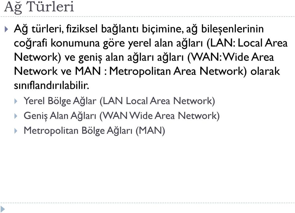 Network ve MAN : Metropolitan Area Network) olarak sınıflandırılabilir.