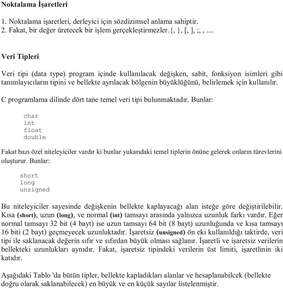 C programlama dilinde dört tane temel veri tipi bulunmaktadır.