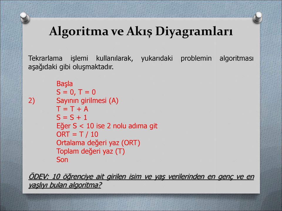 Başla S = 0, T = 0 2) Sayının girilmesi (A) T = T + A S = S + 1 Eğer S < 10 ise 2 nolu