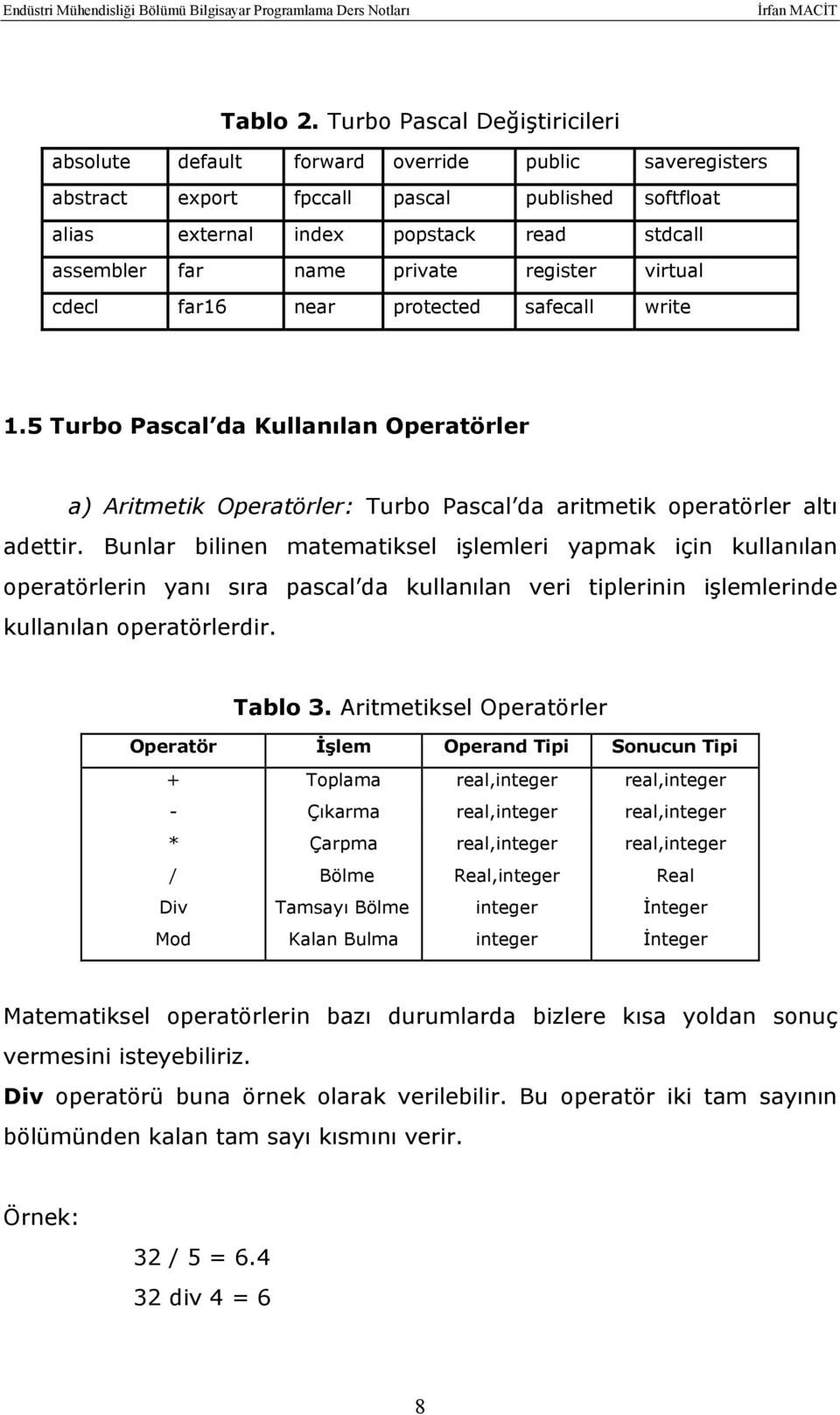 private register virtual cdecl far16 near protected safecall write 1.5 Turbo Pascal da Kullanılan Operatörler a) Aritmetik Operatörler: Turbo Pascal da aritmetik operatörler altı adettir.