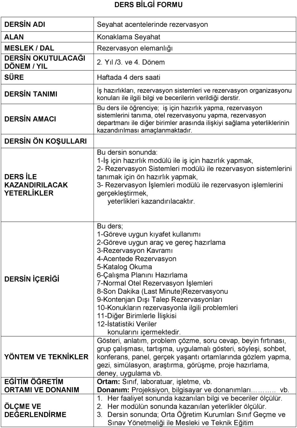 Dönem Haftada 4 ders saati İş hazırlıkları, rezervasyon sistemleri ve rezervasyon organizasyonu konuları ile ilgili bilgi ve becerilerin verildiği derstir.