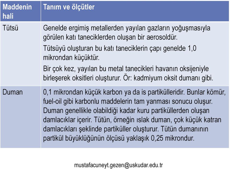 Ör: kadmiyum oksit dumanı gibi. 0,1 mikrondan küçük karbon ya da is partikülleridir. Bunlar kömür, fuel-oil gibi karbonlu maddelerin tam yanması sonucu oluşur.