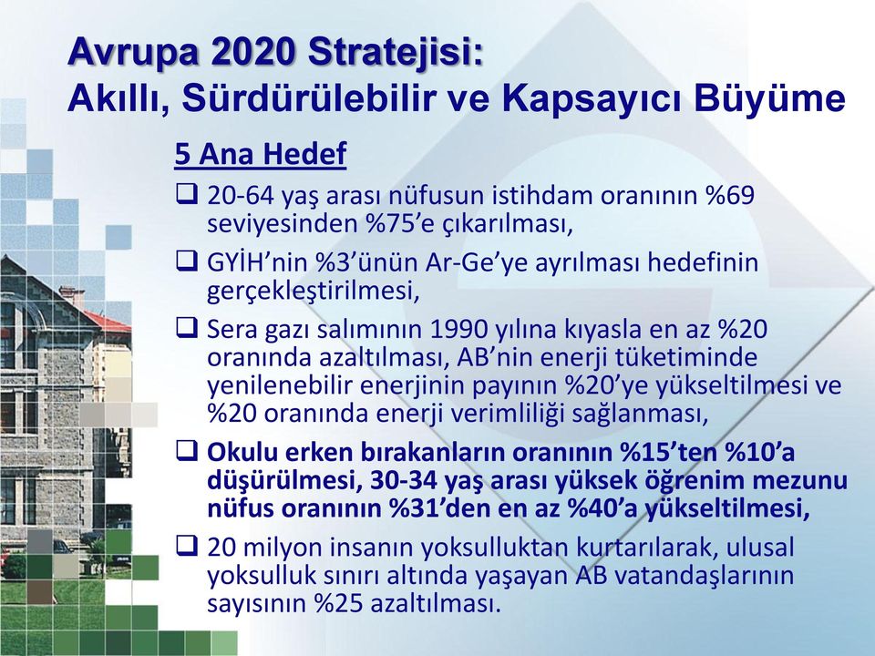 payının %20 ye yükseltilmesi ve %20 oranında enerji verimliliği sağlanması, Okulu erken bırakanların oranının %15 ten %10 a düşürülmesi, 30-34 yaş arası yüksek öğrenim mezunu