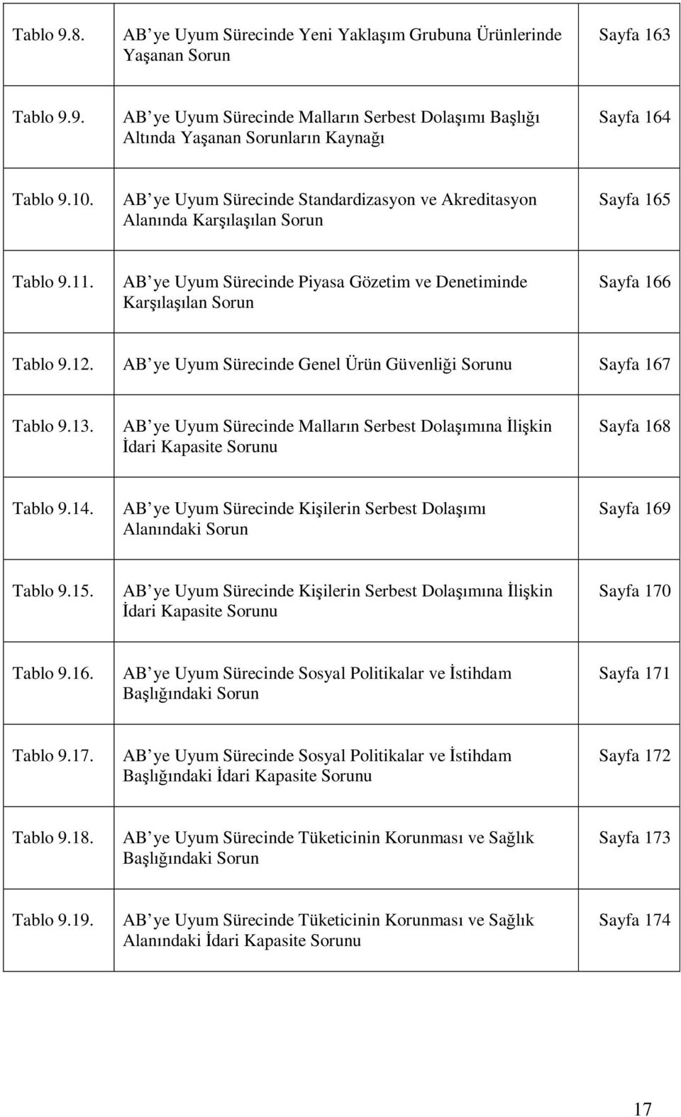 AB ye Uyum Sürecinde Genel Ürün Güvenliği Sorunu Sayfa 167 Tablo 9.13. AB ye Uyum Sürecinde Malların Serbest Dolaşımına İlişkin İdari Kapasite Sorunu Sayfa 168 Tablo 9.14.