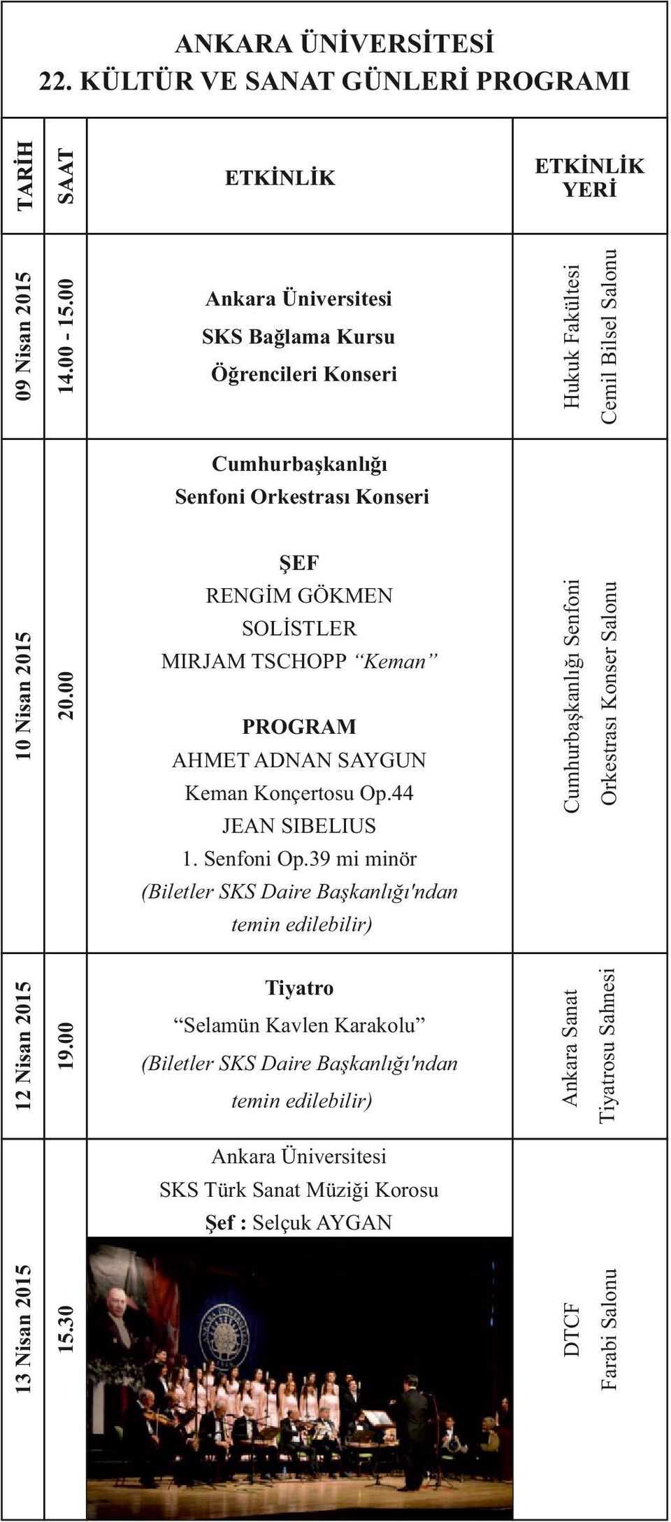 44 Cumhurbaşkanlığı Senfoni PROGRAM AHMET ADNAN SAYGUN Ankara Sanat 20.00 10 Nisan 2015 SOLİSTLER MIRJAM TSCHOPP Keman ŞEF RENGİM GÖKMEN JEAN SIBELIUS 1.