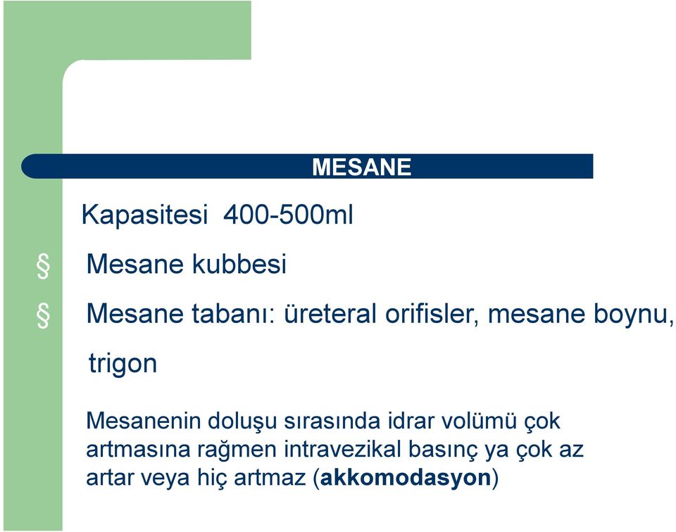 Mesanenin doluşu sırasında idrar volümü çok artmasına