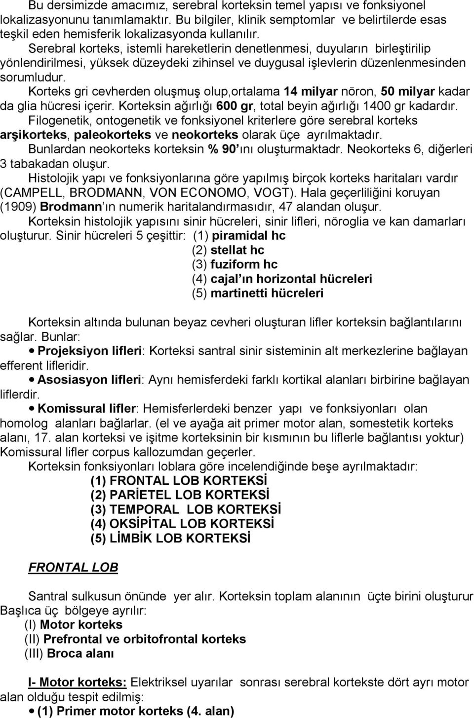 Serebral korteks, istemli hareketlerin denetlenmesi, duyuların birleştirilip yönlendirilmesi, yüksek düzeydeki zihinsel ve duygusal işlevlerin düzenlenmesinden sorumludur.