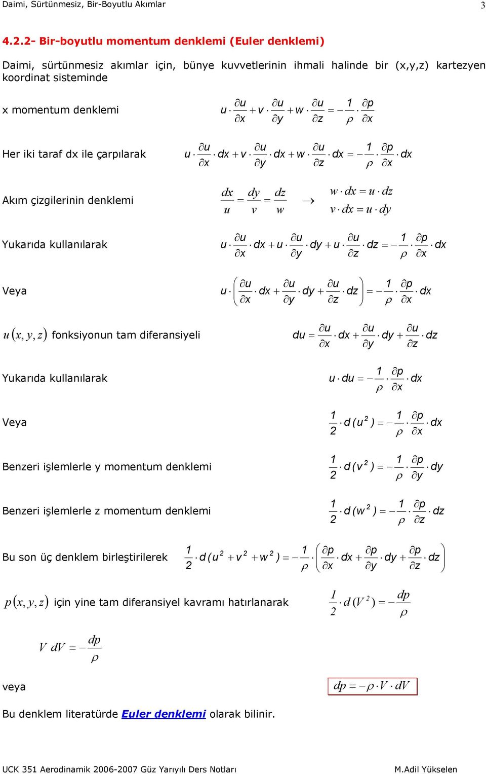 dx x y z x u ( x, y, z) fonksiyonun tam diferansiyeli du dx + dy + dz x y z Yukarıda kullanılarak eya Benzeri işlemlerle y momentum denklemi Benzeri işlemlerle z momentum denklemi u du dx x d (u d (v