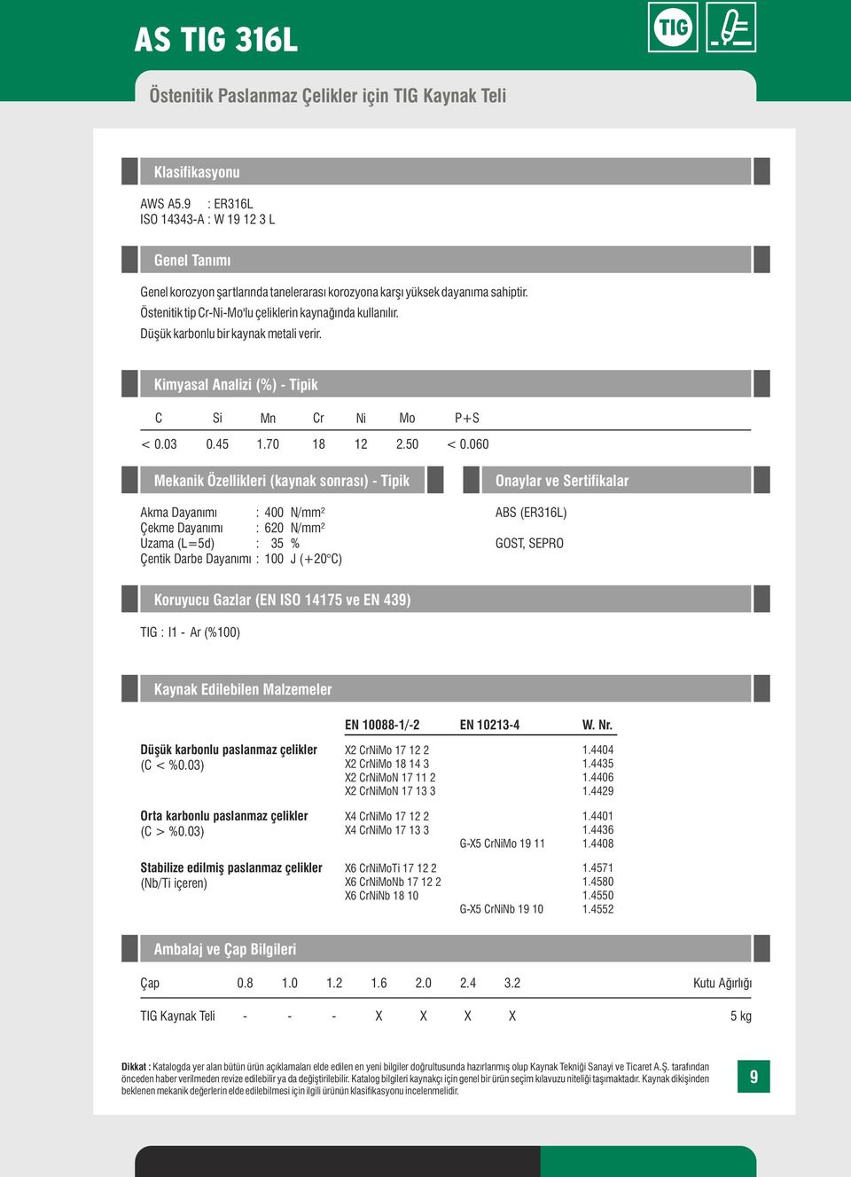 060 Mekanik Özellikleri (kaynak sonrası) Tipik Akma Dayanımı : 400 N/mm² Çekme Dayanımı : 620 N/mm² Uzama (L=5d) : 35 % Çentik Darbe Dayanımı : 100 J (+20 C) Onaylar ve Sertifikalar ABS (ER316L)