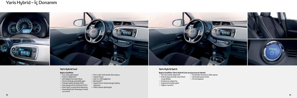 bağlantısı Bluetooth Toyota Touch ekranında geri görüş kamerası Hibrit sistem göstergesi Yaris Hybrid Spirit Başlıca özellikler (Yaris Hybrid Cool versiyonuna ek olarak) Yarı deri