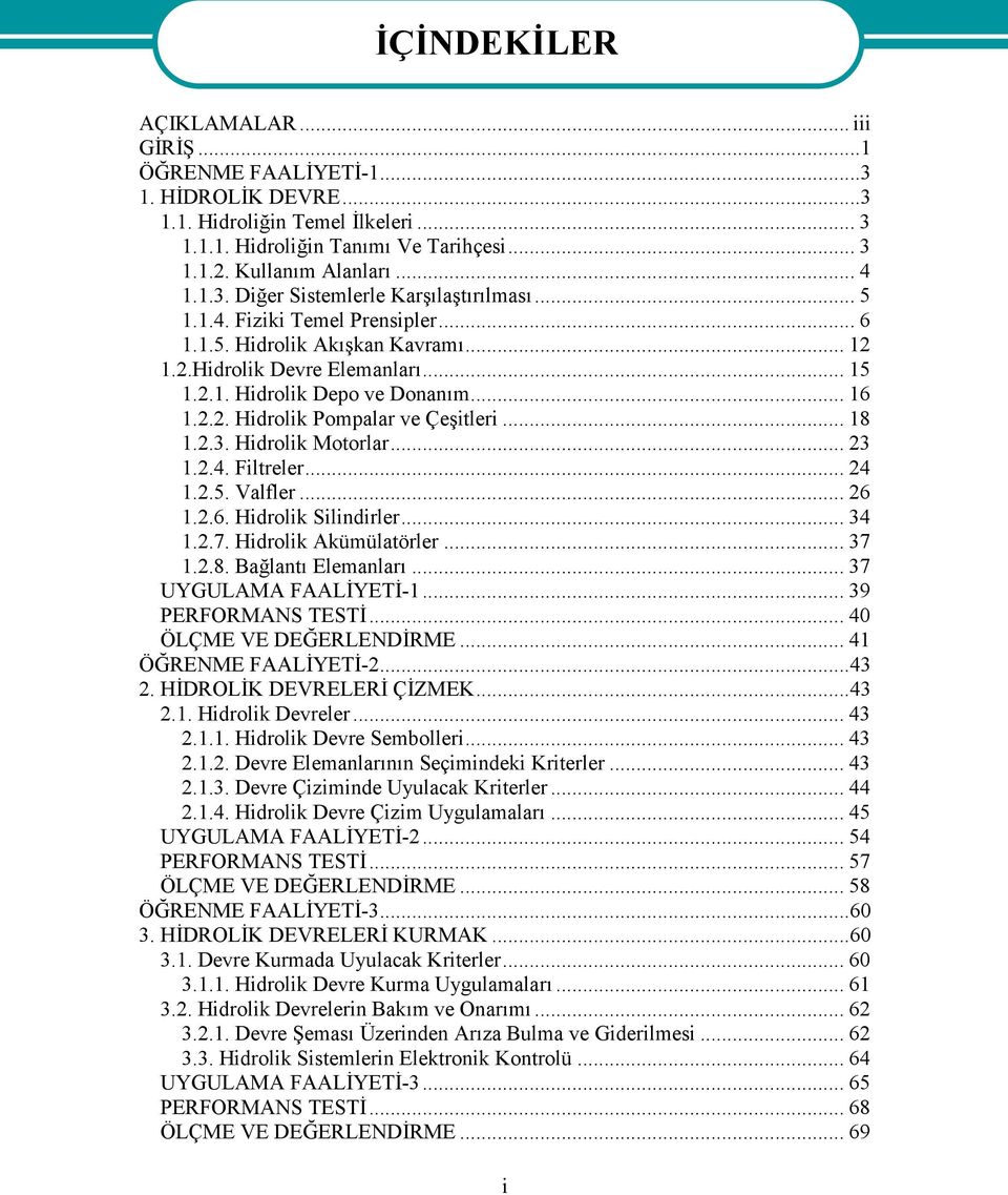 2.3. Hidrolik Motorlar... 23 1.2.4. Filtreler... 24 1.2.5. Valfler... 26 1.2.6. Hidrolik Silindirler... 34 1.2.7. Hidrolik Akümülatörler... 37 1.2.8. Bağlantı Elemanları... 37 UYGULAMA FAALİYETİ-1.