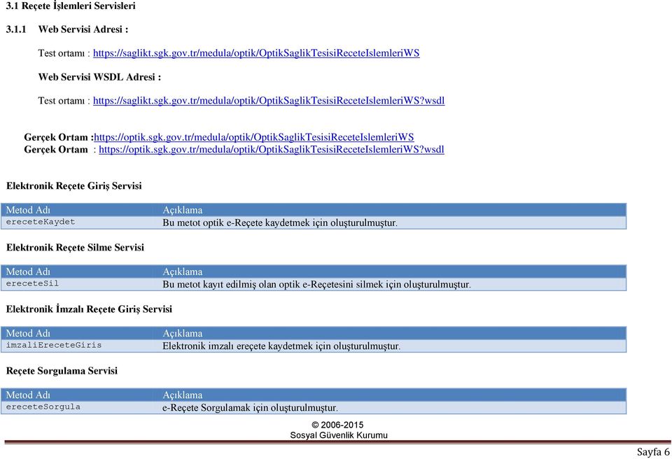 sgk.gov.tr/medula/optik/optiksagliktesisireceteislemleriws Gerçek Ortam : https://optik.sgk.gov.tr/medula/optik/optiksagliktesisireceteislemleriws?wsdl Elektronik Reçete Giriş Servisi Metod Adı erecetekaydet Açıklama Bu metot optik e-reçete kaydetmek için oluşturulmuştur.