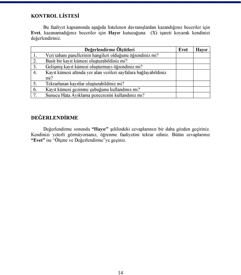 Gelişmiş kayıt kümesi oluşturmayı öğrendiniz mi? 4. Kayıt kümesi altında yer alan verileri sayfalara bağlayabildiniz mi? 5. Tekrarlanan kayıtlar oluşturabildiniz mi? 6.