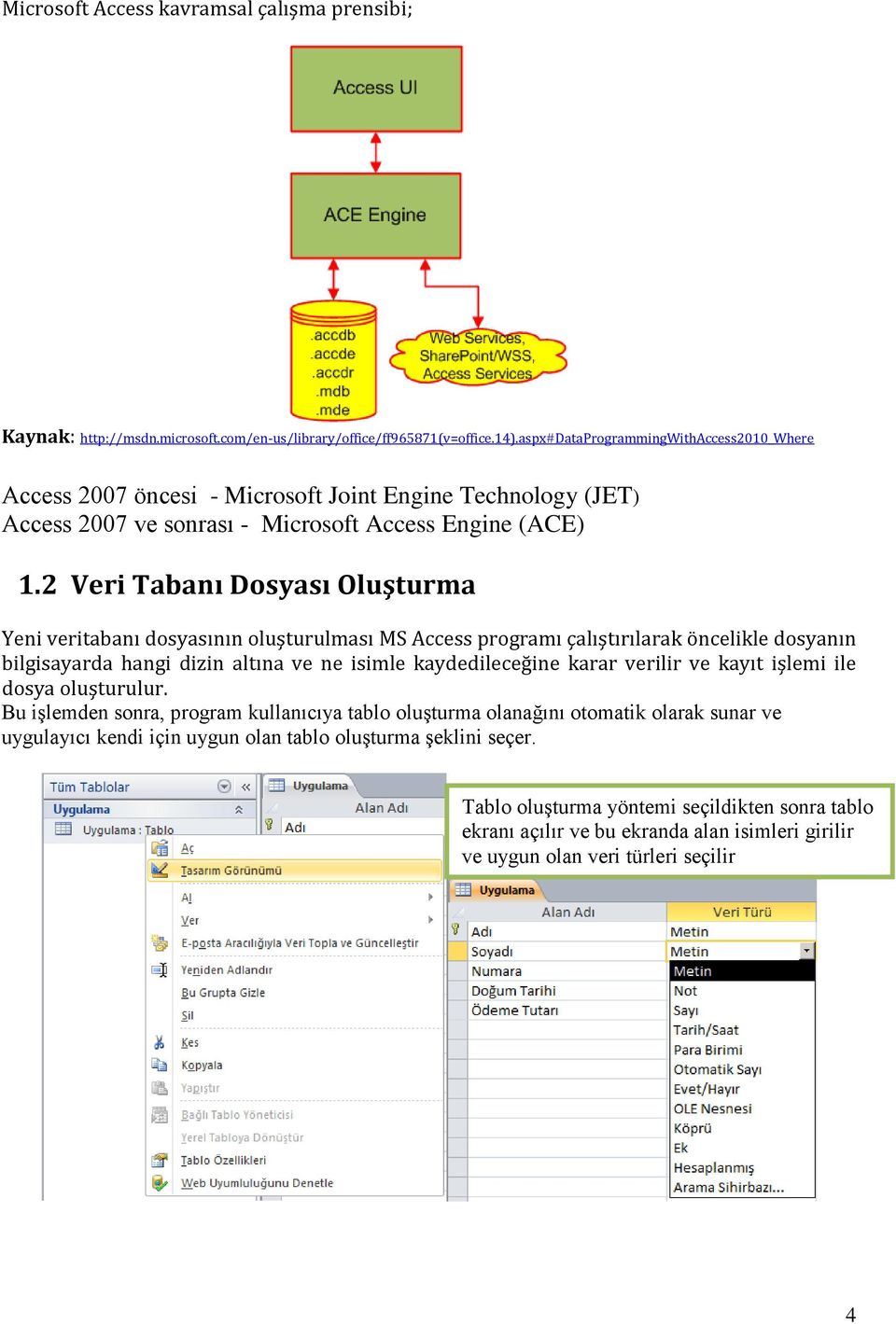 2 Veri Tabanı Dosyası Oluşturma Yeni veritabanı dosyasının olüştürülması MS Access programı çalıştırılarak öncelikle dosyanın bilgisayarda hangi dizin altına ve ne isimle kaydedileceğine karar