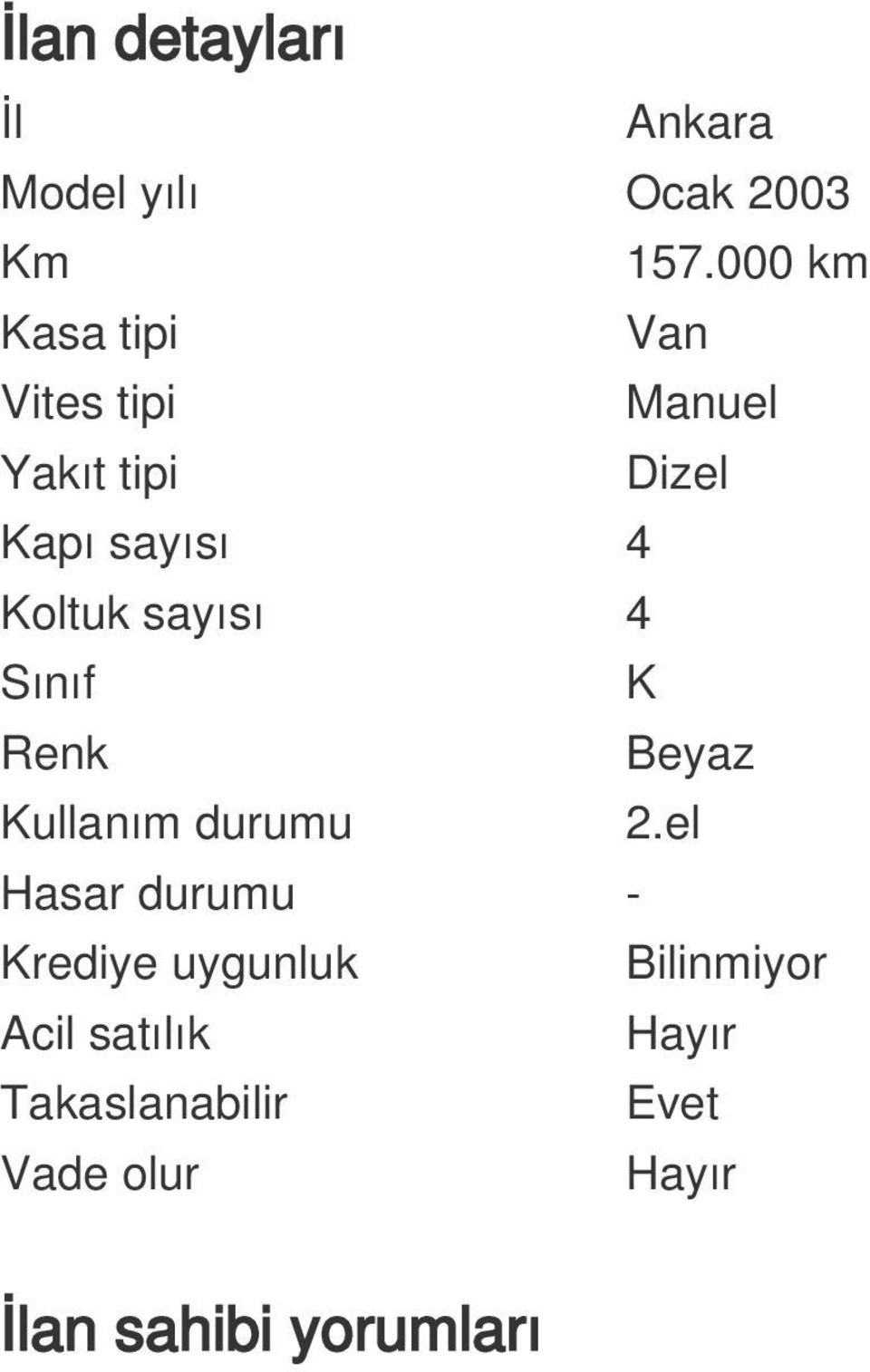 Koltuk sayısı 4 Sınıf K Renk Beyaz Kullanım durumu 2.