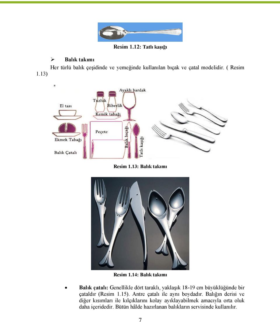 14: Balık takımı Balık çatalı: Genellikle dört taraklı, yaklaşık 18-19 cm büyüklüğünde bir çataldır (Resim 1.15).