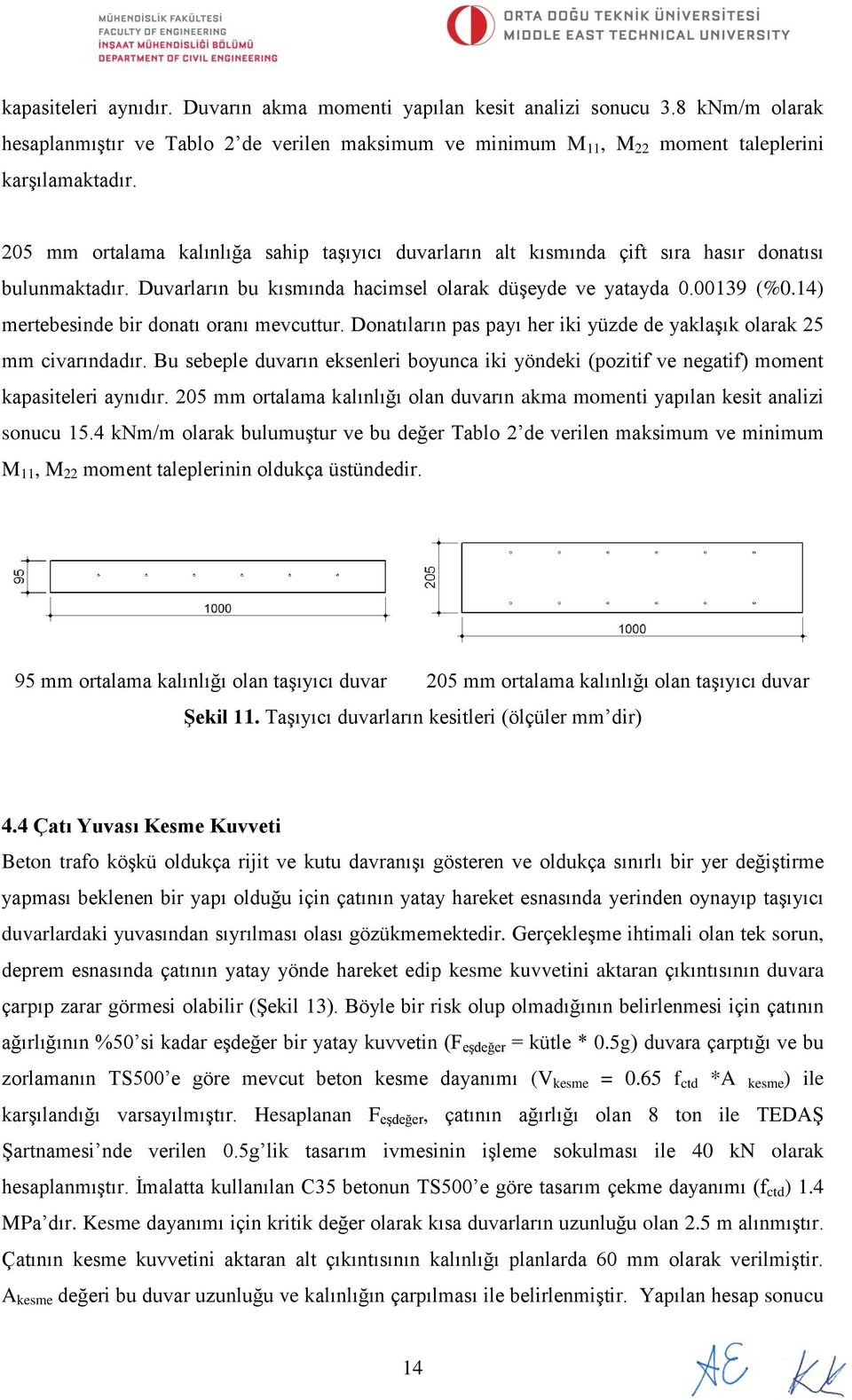 14) mertebesinde bir donatı oranı mevcuttur. Donatıların pas payı her iki yüzde de yaklaşık olarak 25 mm civarındadır.