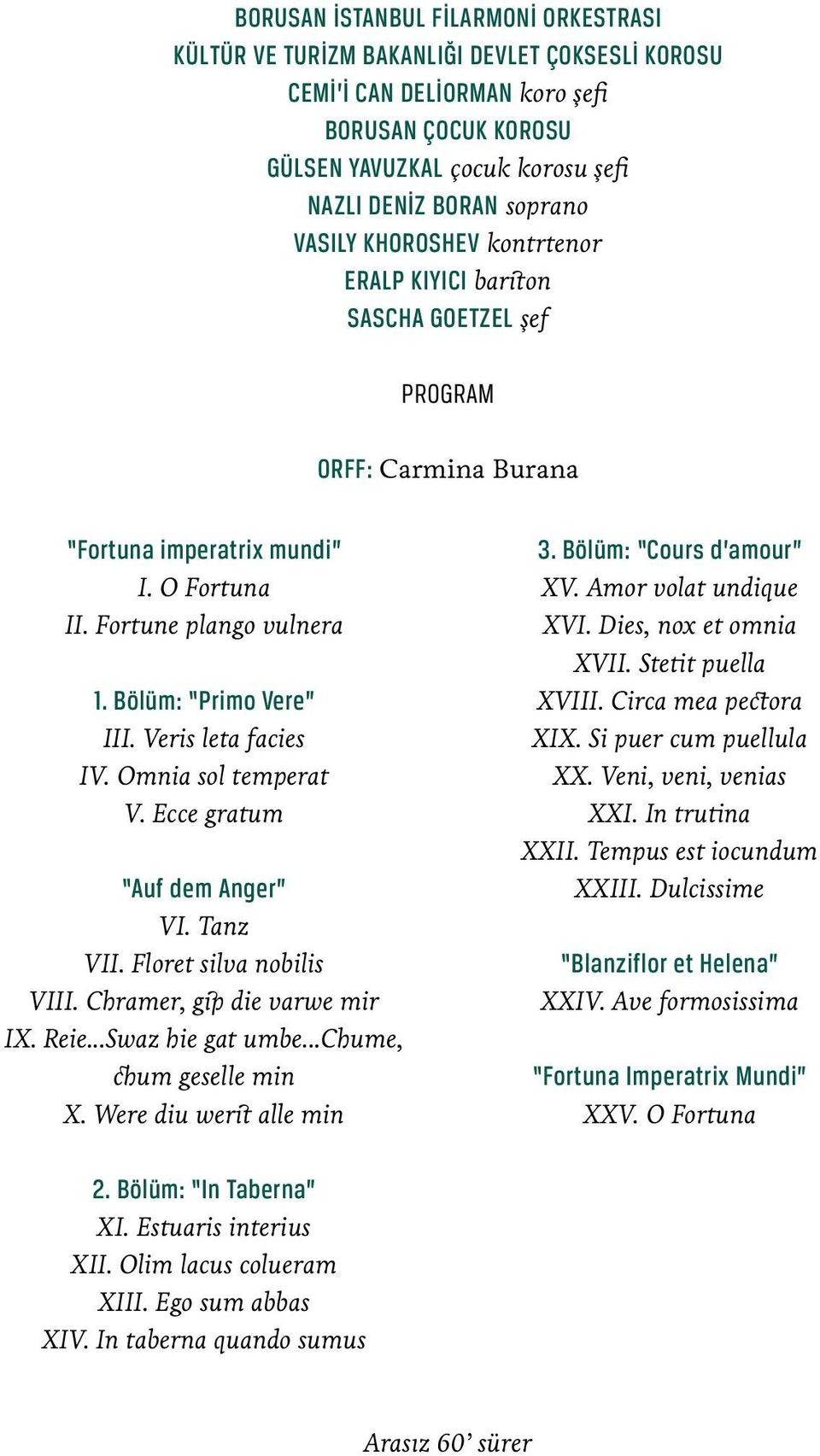 Veris leta facies IV. Omnia sol temperat V. Ecce gratum Auf dem Anger VI. Tanz VII. Floret silva nobilis VIII. Chramer, gip die varwe mir IX. Reie...Swaz hie gat umbe...chume, chum geselle min X.