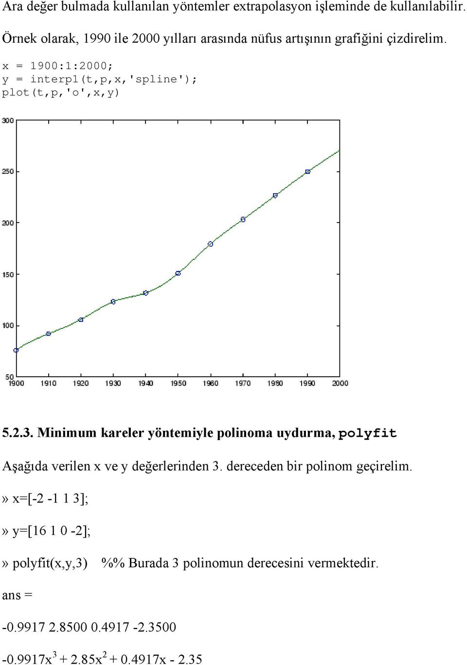 x = 19:1:2; y = interp1(t,p,x,'spline'); plot(t,p,'o',x,y) 5.2.3.