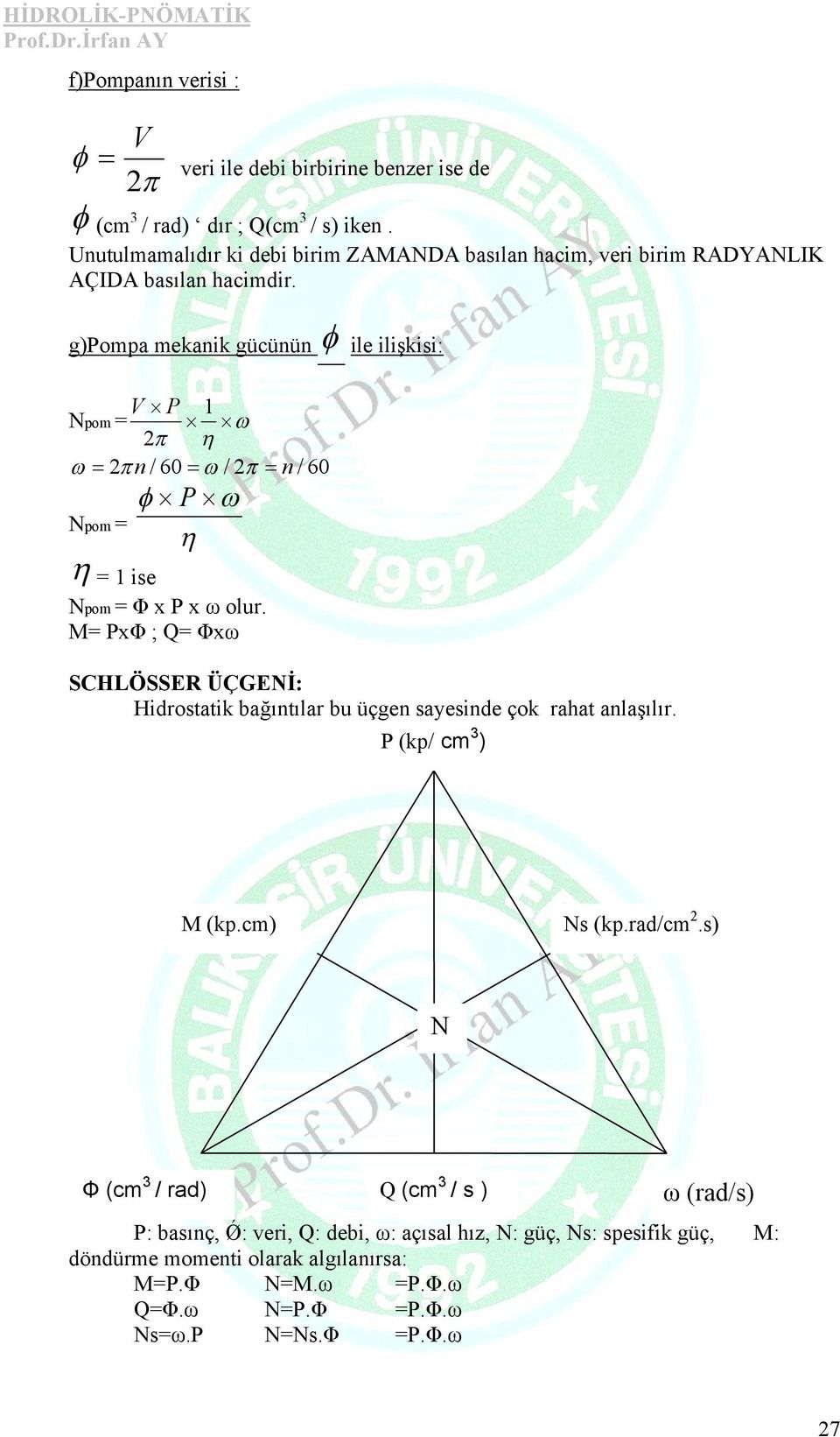 g)pompa mekanik gücünün ile ilişkisi: V P 1 Npom = n / 60 / n / 60 Npom = = 1 ise P Npom = Φ x P x ω olu.