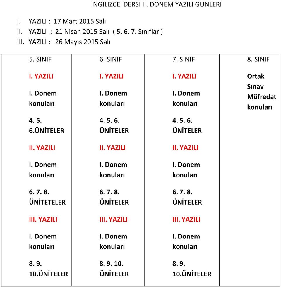 7. Sınıflar ) I : 26 Mayıs 2015 Salı 5. SINIF 6. SINIF 7. SINIF 8.