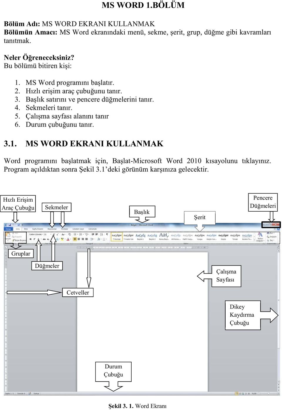 Çalışma sayfası alanını tanır 6. Durum çubuğunu tanır. 3.1. MS WORD EKRANI KULLANMAK Word programını başlatmak için, Başlat-Microsoft Word 2010 kısayolunu tıklayınız.