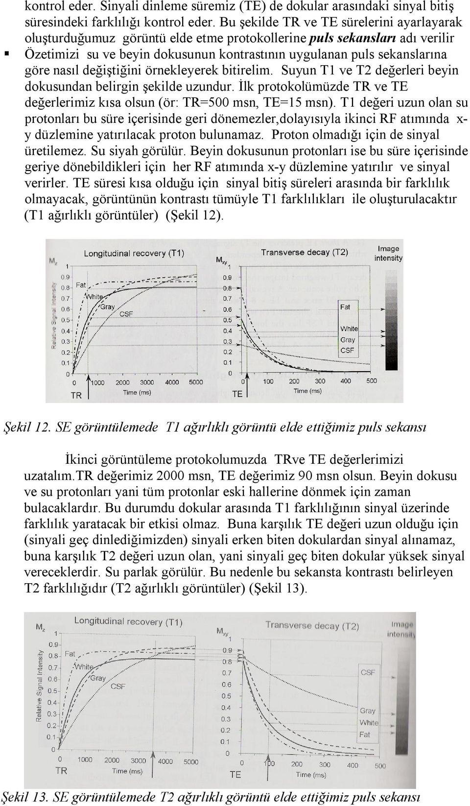 nasıl değiştiğini örnekleyerek bitirelim. Suyun T1 ve T2 değerleri beyin dokusundan belirgin şekilde uzundur. İlk protokolümüzde TR ve TE değerlerimiz kısa olsun (ör: TR=500 msn, TE=15 msn).